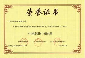 中國鋁型材十強企業(yè)-鋁材榮譽資質(zhì)